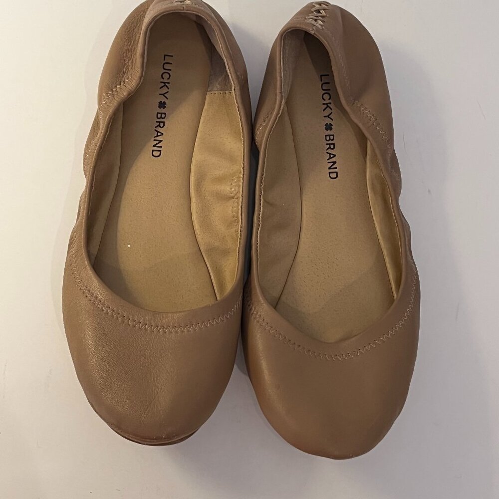 Lucky Brand Emmie Ballet Flats Tan Leather Cross Stitched Heels Women's Size 10M